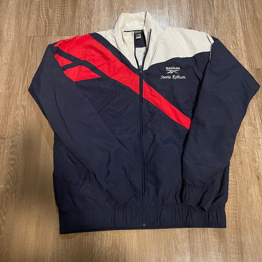 Reebok Mens Track Jacket Size Small Navy Blue Red Nylon Colorblock Windbreaker